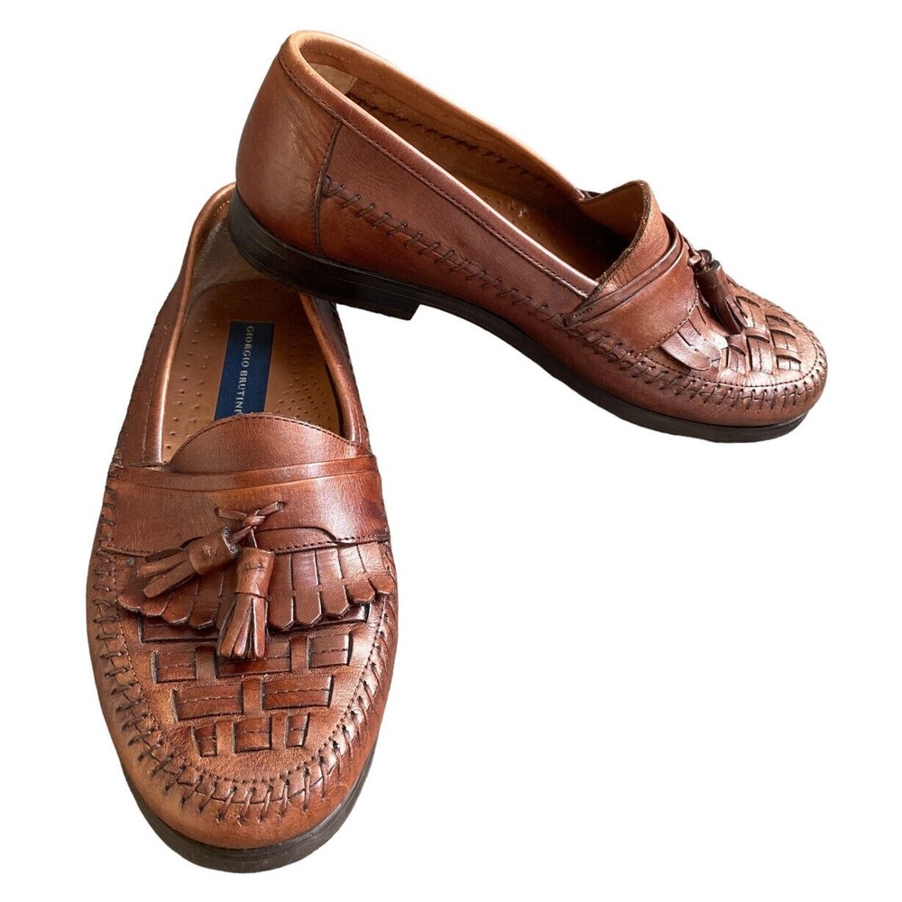 Giorgio Brutini Bartell Mens Size 8 M Brown Woven Leather Tassel Loafers Classic